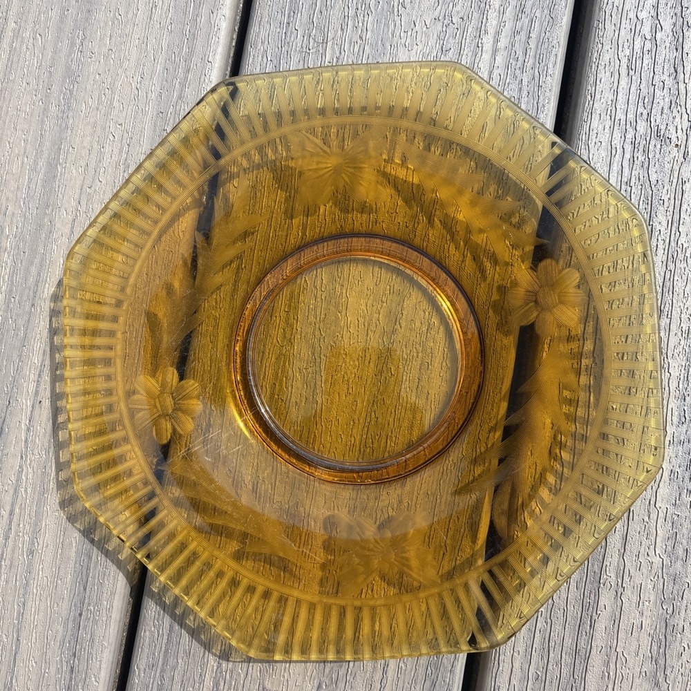 VTG Amber Depression Glass Plate – Octagon with Etched Floral & Butterfly Design